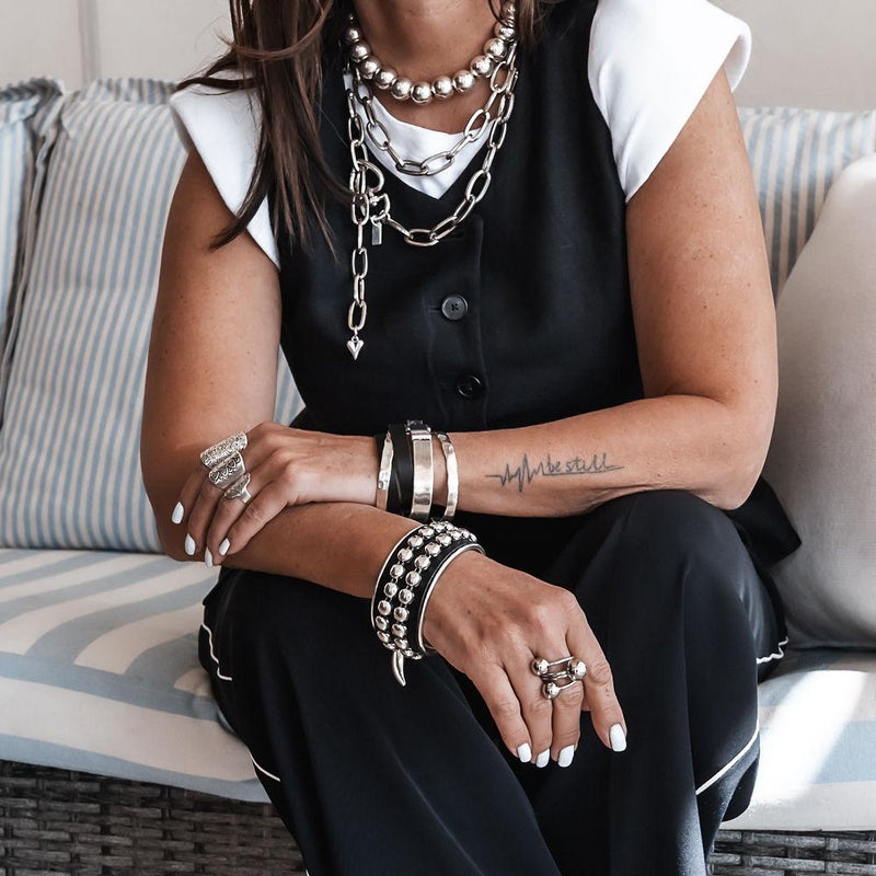 Long Steel chain necklace with heart closure, Heavy link chain worn once or twice around neck for a statement look, Edgy double wrap chain