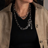 Long Steel chain necklace with heart closure, Heavy link chain worn once or twice around neck for a statement look
