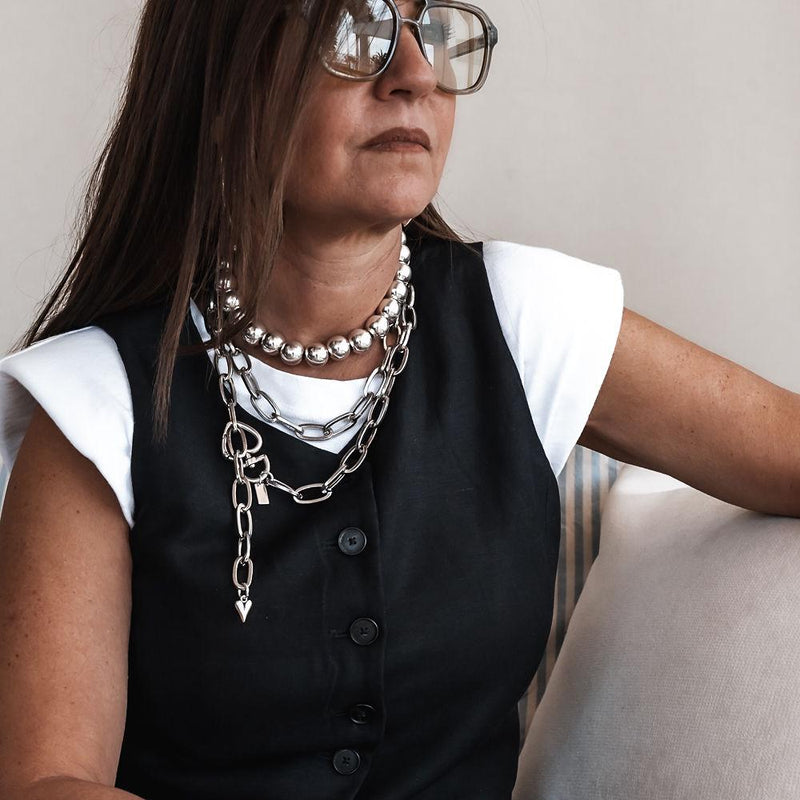 Long Steel chain necklace with heart closure, Heavy link chain worn once or twice around neck for a statement look, Edgy double wrap chain