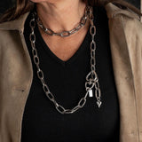 Long Steel chain necklace with heart closure, Heavy link chain worn once or twice around neck for a statement look