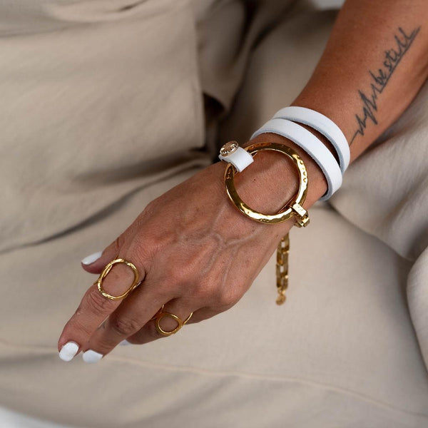 Unique wrap leather Bracelet, Standout unode50 style bracelet in white leather and hammered gold loop metal, edgy statement cuff bracelet