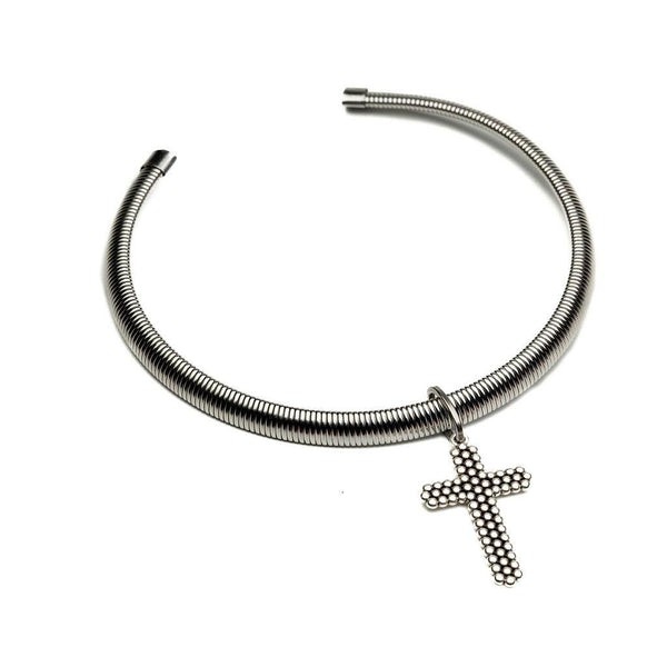 Bold yet minimal Stainless Steel bar Choker with textured cross, Statement necklace with Cross pendant, A standout piece and great gift