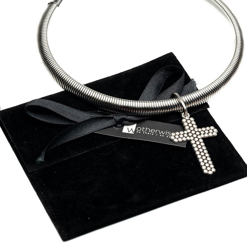 Bold yet minimal Stainless Steel bar Choker with textured cross, Statement necklace with Cross pendant, A standout piece and great gift