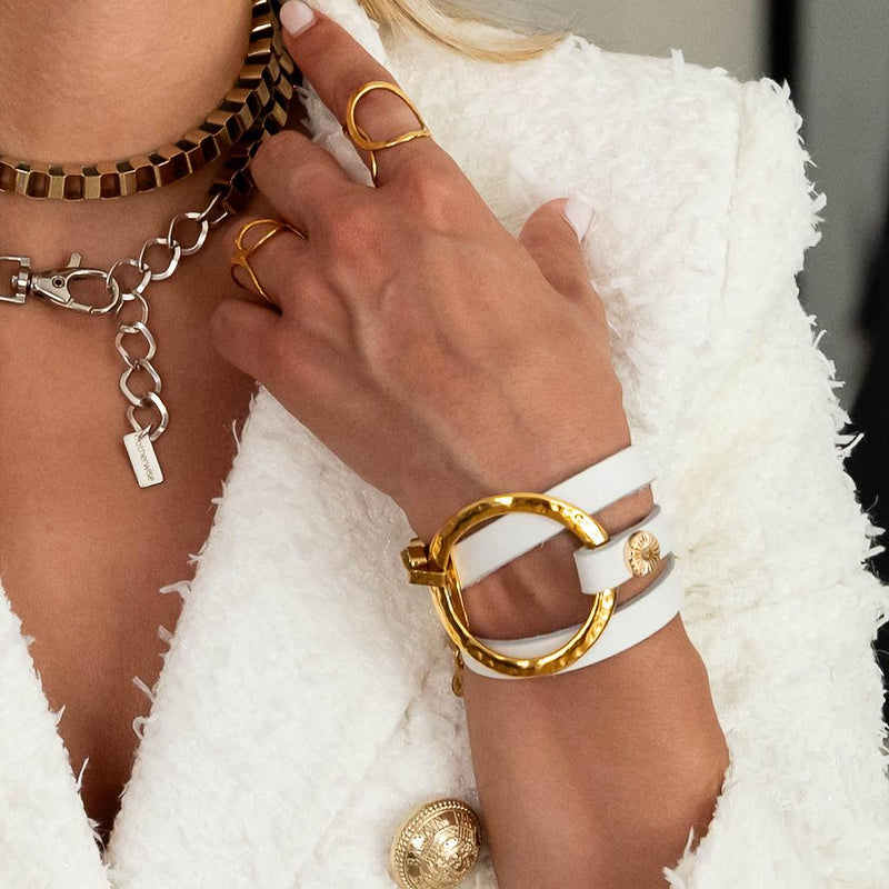 Unique wrap leather Bracelet, Standout unode50 style bracelet in white leather and hammered gold loop metal, edgy statement cuff bracelet