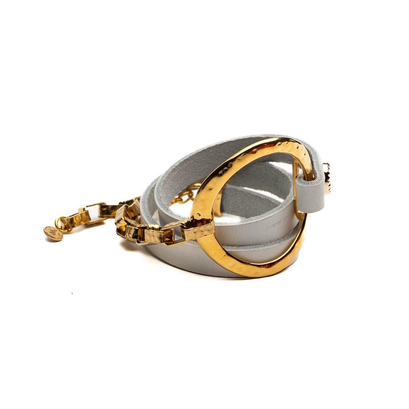 Unique wrap leather Bracelet, Standout unode50 style bracelet in white leather and hammered gold loop metal, edgy statement cuff bracelet