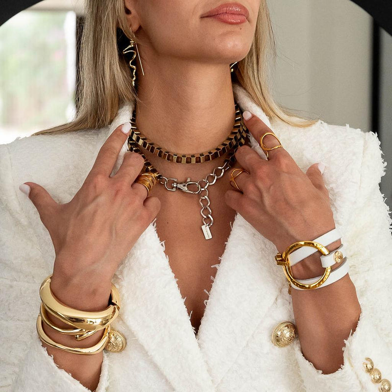 Unique wrap leather Bracelet, Standout unode50 style bracelet in white leather and hammered gold loop metal, edgy statement cuff bracelet