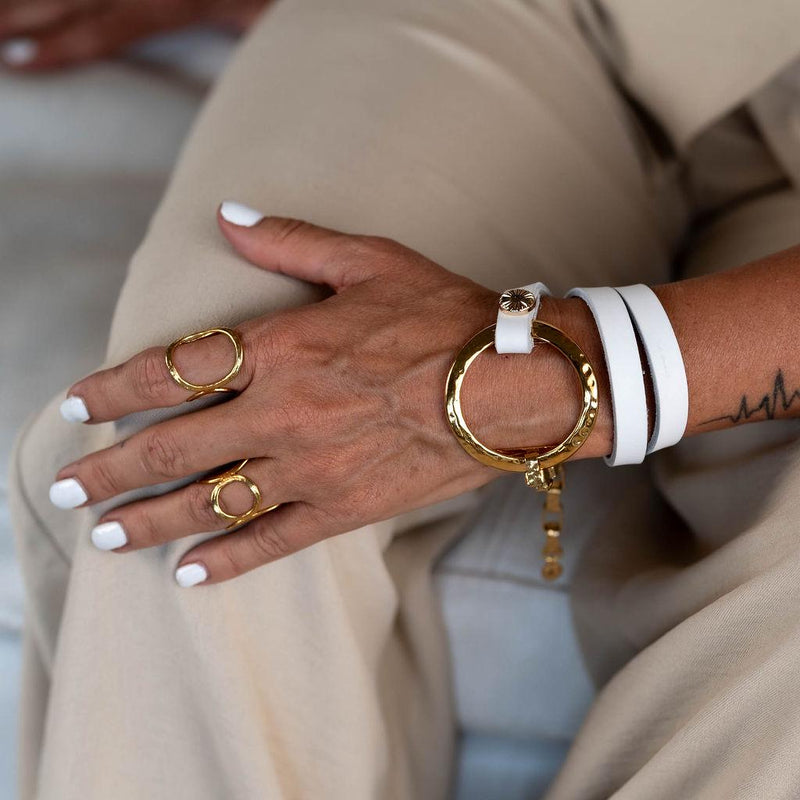 Unique wrap leather Bracelet, Standout unode50 style bracelet in white leather and hammered gold loop metal, edgy statement cuff bracelet