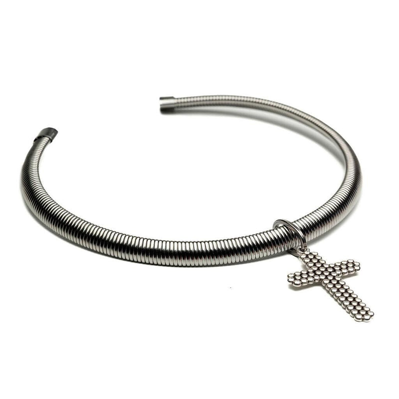 Bold yet minimal Stainless Steel bar Choker with textured cross, Statement necklace with Cross pendant, A standout piece and great gift