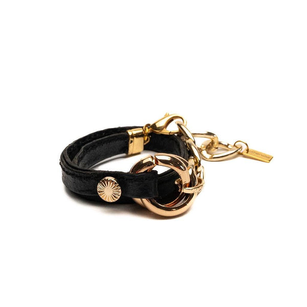 Double link metal and leather wrap bracelet, Gold metal and black leather cuff in unode50 style, Unique chunky statement bracelet