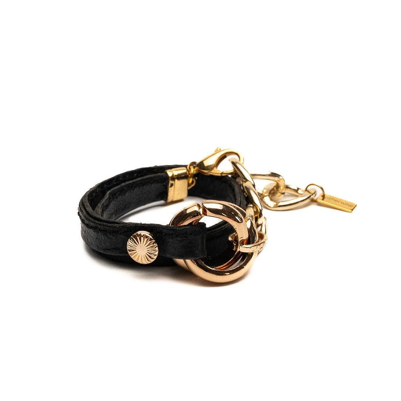 Double link metal and leather wrap bracelet, Gold metal and black leather cuff in unode50 style, Unique chunky statement bracelet