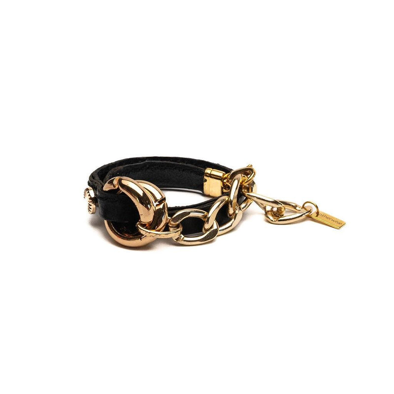 Double link metal and leather wrap bracelet, Gold metal and black leather cuff in unode50 style, Unique chunky statement bracelet