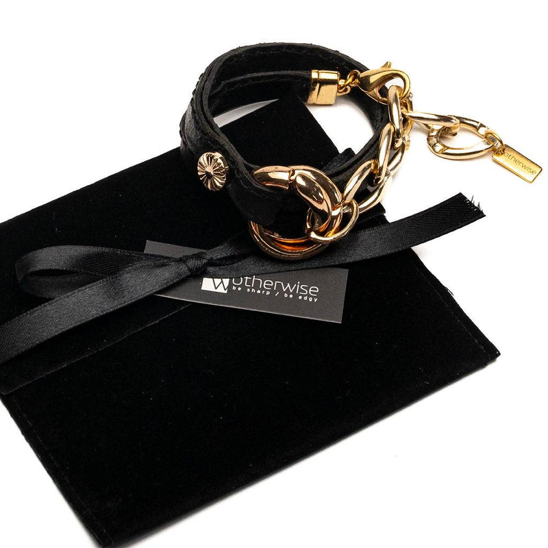 Double link metal and leather wrap bracelet, Gold metal and black leather cuff in unode50 style, Unique chunky statement bracelet