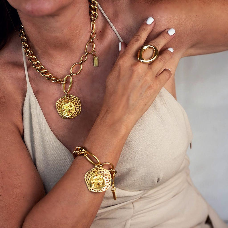 Edgy Chic gold jewelry set, Heavy Stainless Steel necklace and bracelet set, Chunky chains set with coins
