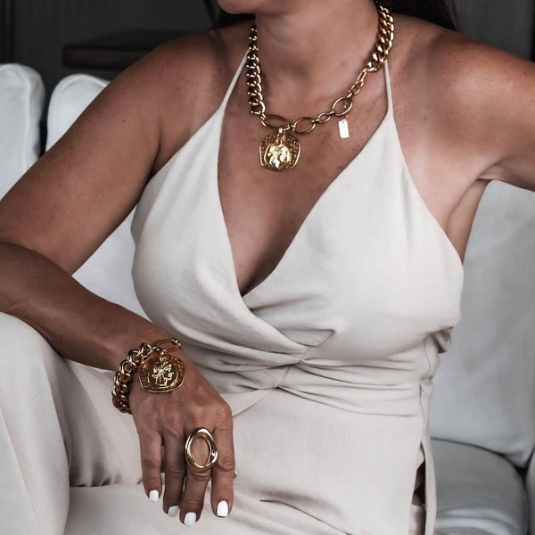 Edgy Chic gold jewelry set, Heavy Stainless Steel necklace and bracelet set, Chunky chains set with coins