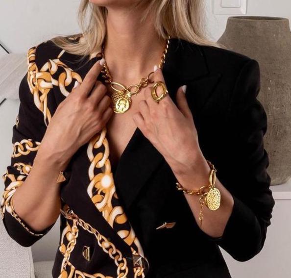 Edgy Chic gold jewelry set, Heavy Stainless Steel necklace and bracelet set, Chunky chains set with coins