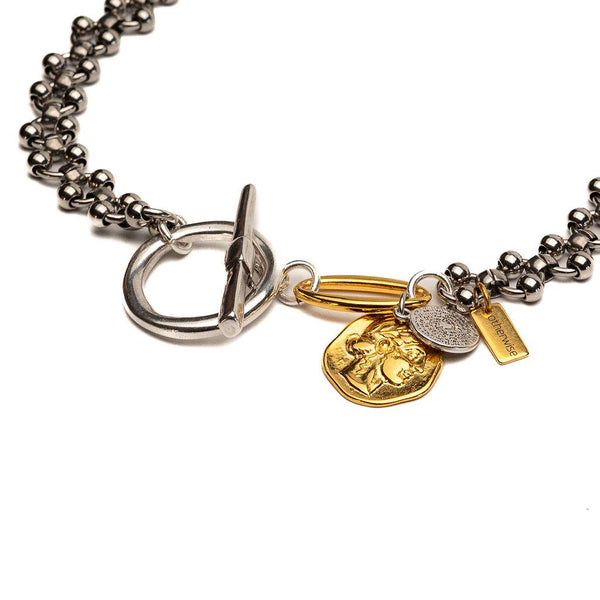 Fashionable silver and gold necklace with hammered T-clasp intricate stainless steel chain and coins, A unique set and perfect gift