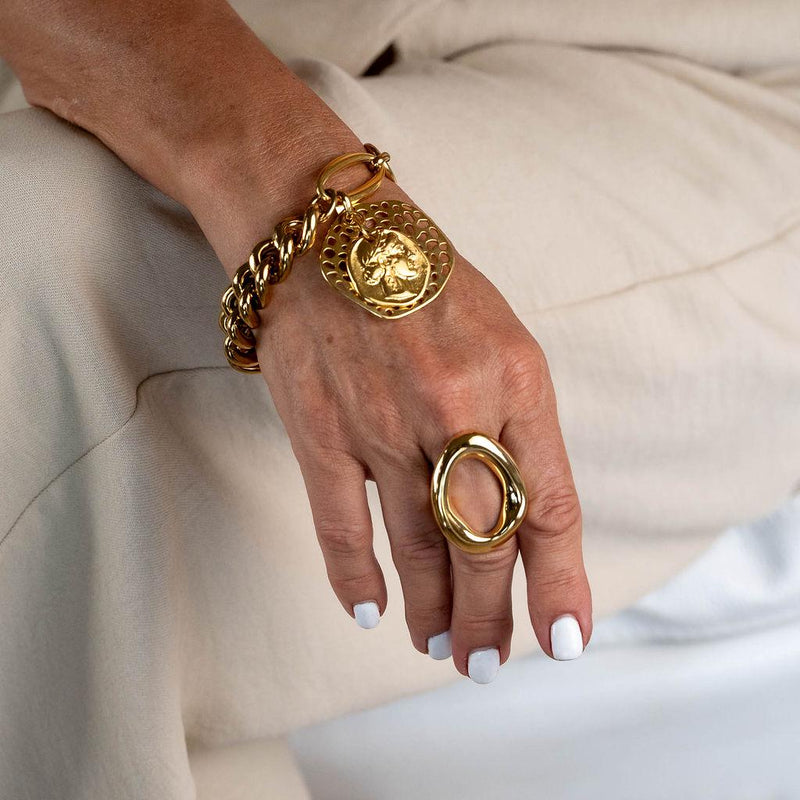 Edgy Chic gold jewelry set, Heavy Stainless Steel necklace and bracelet set, Chunky chains set with coins