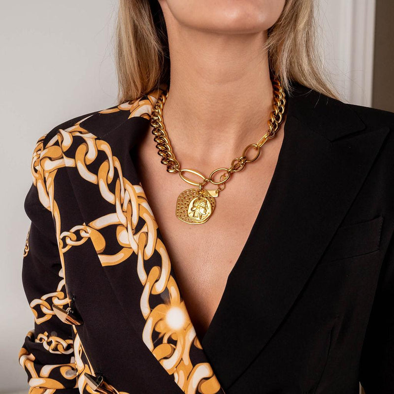 Edgy Chic gold jewelry set, Heavy Stainless Steel necklace and bracelet set, Chunky chains set with coins
