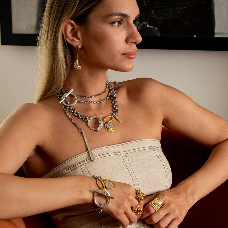 Fashionable silver and gold necklace with hammered T-clasp intricate stainless steel chain and coins, A unique set and perfect gift