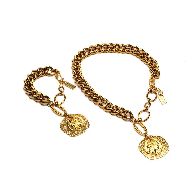 Edgy Chic gold jewelry set, Heavy Stainless Steel necklace and bracelet set, Chunky chains set with coins