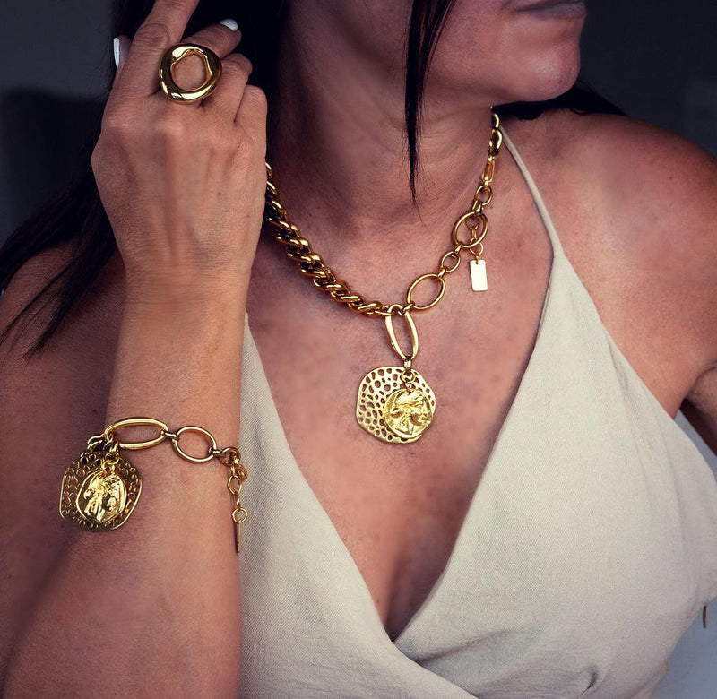 Edgy Chic gold jewelry set, Heavy Stainless Steel necklace and bracelet set, Chunky chains set with coins