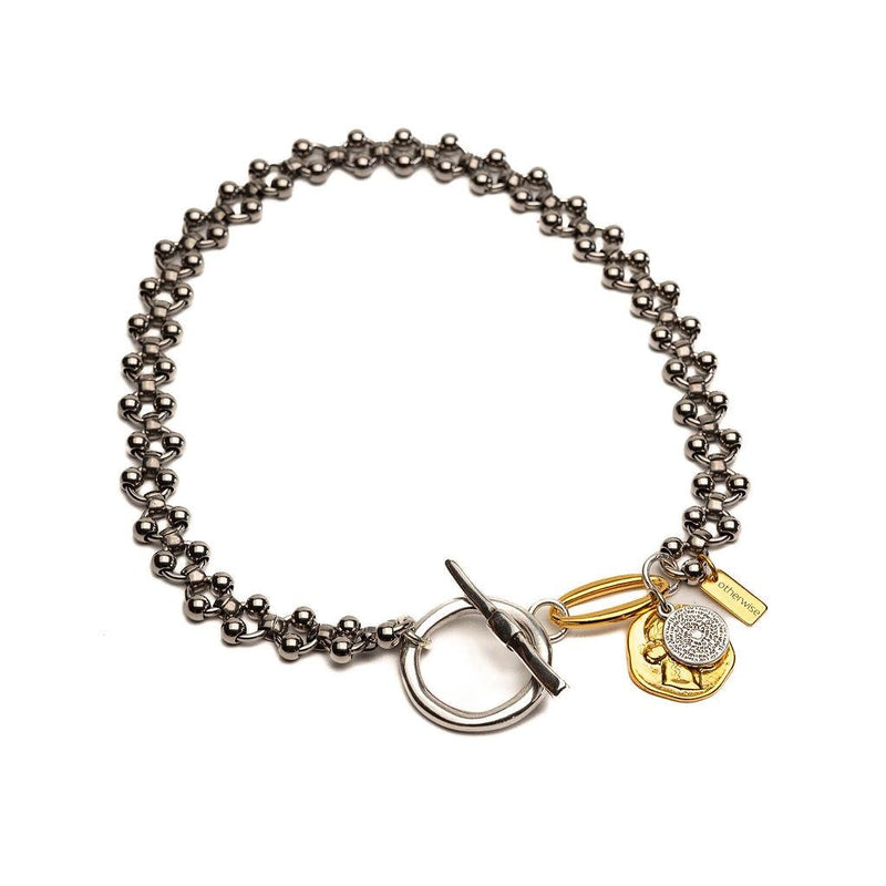 Fashionable silver and gold necklace with hammered T-clasp intricate stainless steel chain and coins, A unique set and perfect gift