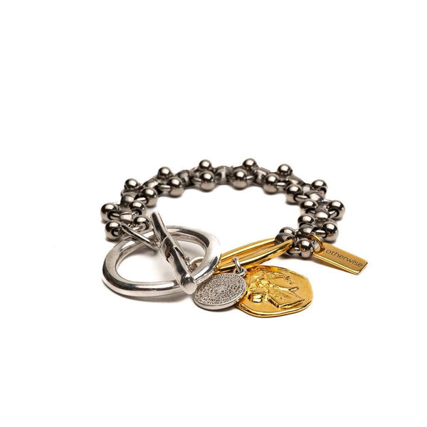 Fashionable silver and gold bracelet with hammered T-clasp intricate stainless steel chain and coins, A unique cuff and perfect gift