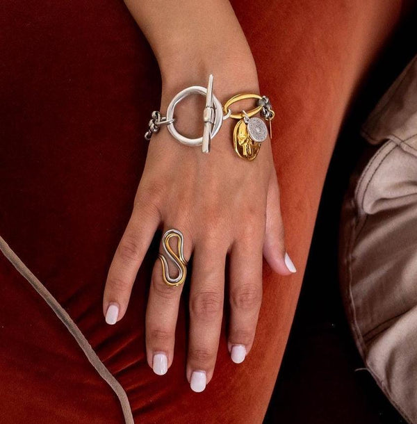 Fashionable silver and gold bracelet with hammered T-clasp intricate stainless steel chain and coins, A unique cuff and perfect gift