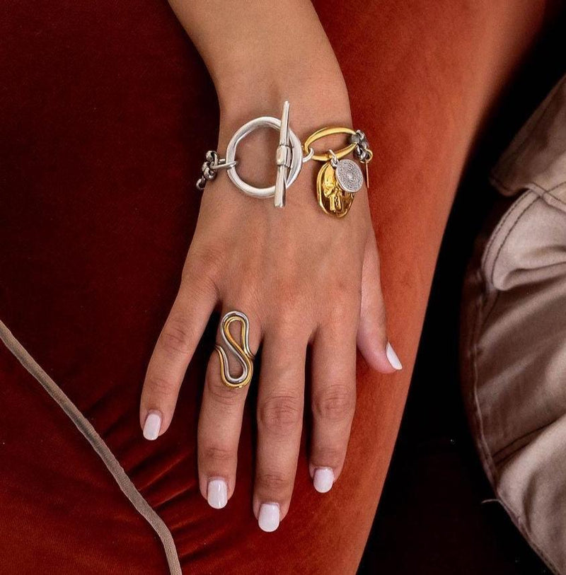 Fashionable silver and gold bracelet with hammered T-clasp intricate stainless steel chain and coins, A unique cuff and perfect gift
