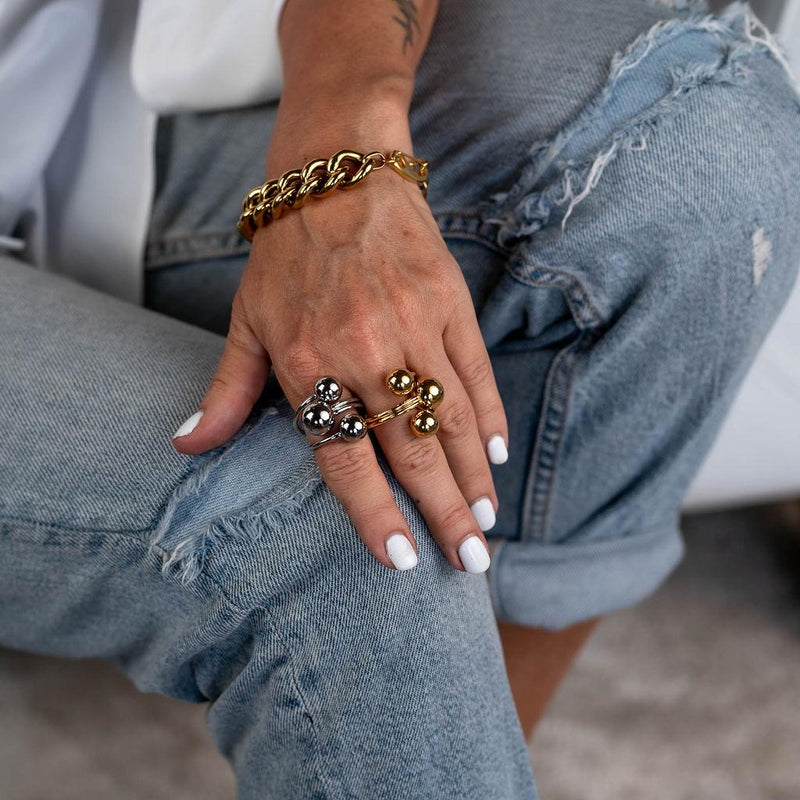 Gold or Silver triple Ball Ring, Edgy Chic Stainless Steel ball ring, Chunky standout ring, Wrap Around Spheres Ring