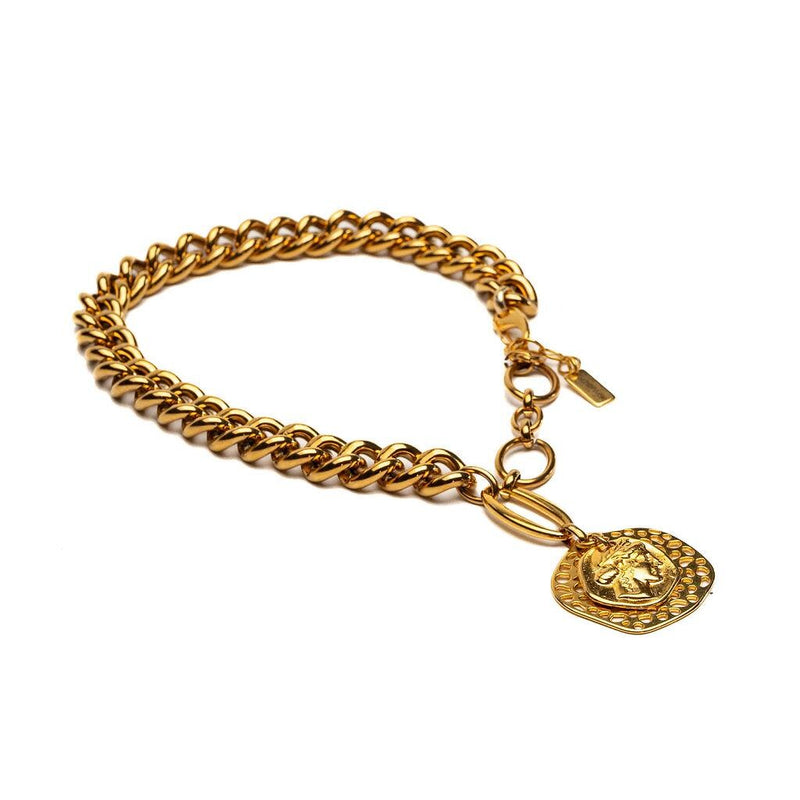 Edgy Chic gold jewelry set, Heavy Stainless Steel necklace and bracelet set, Chunky chains set with coins