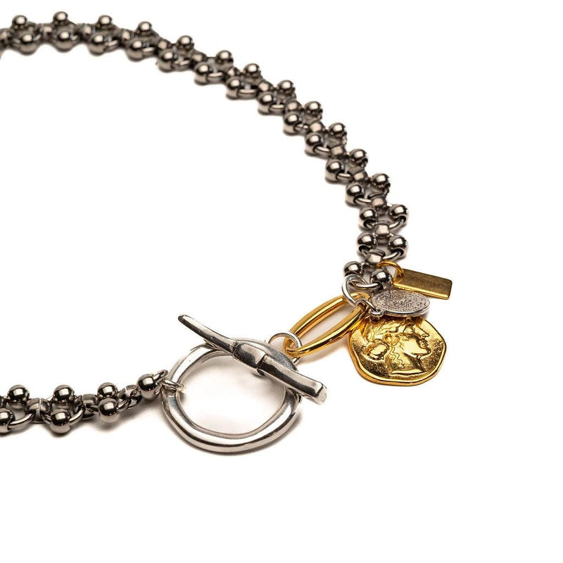 Fashionable silver and gold necklace with hammered T-clasp intricate stainless steel chain and coins, A unique set and perfect gift