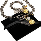 Fashionable silver and gold necklace with hammered T-clasp intricate stainless steel chain and coins