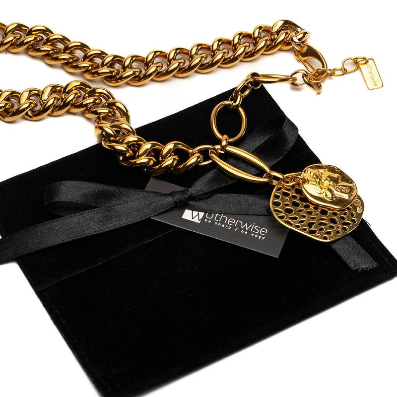 Edgy Chic gold jewelry set, Heavy Stainless Steel necklace and bracelet set, Chunky chains set with coins