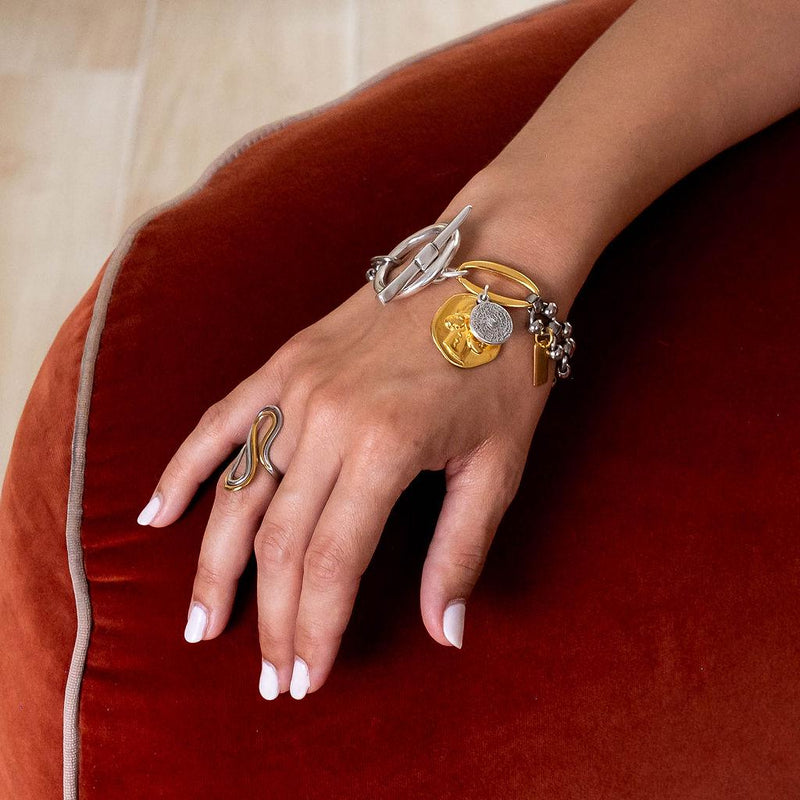 Fashionable silver and gold bracelet with hammered T-clasp intricate stainless steel chain and coins, A unique cuff and perfect gift