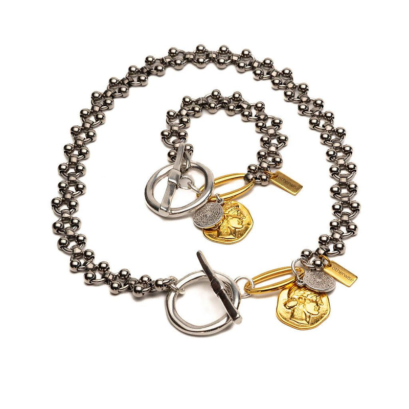 Fashionable silver and gold necklace with hammered T-clasp intricate stainless steel chain and coins, A unique set and perfect gift