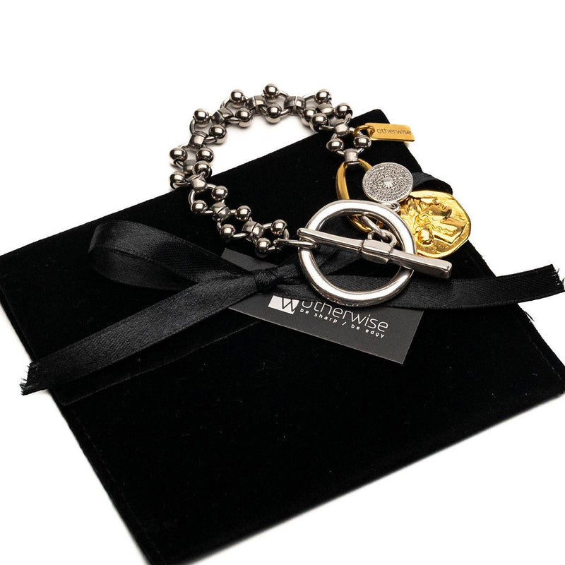 Fashionable silver and gold bracelet with hammered T-clasp intricate stainless steel chain and coins, A unique cuff and perfect gift