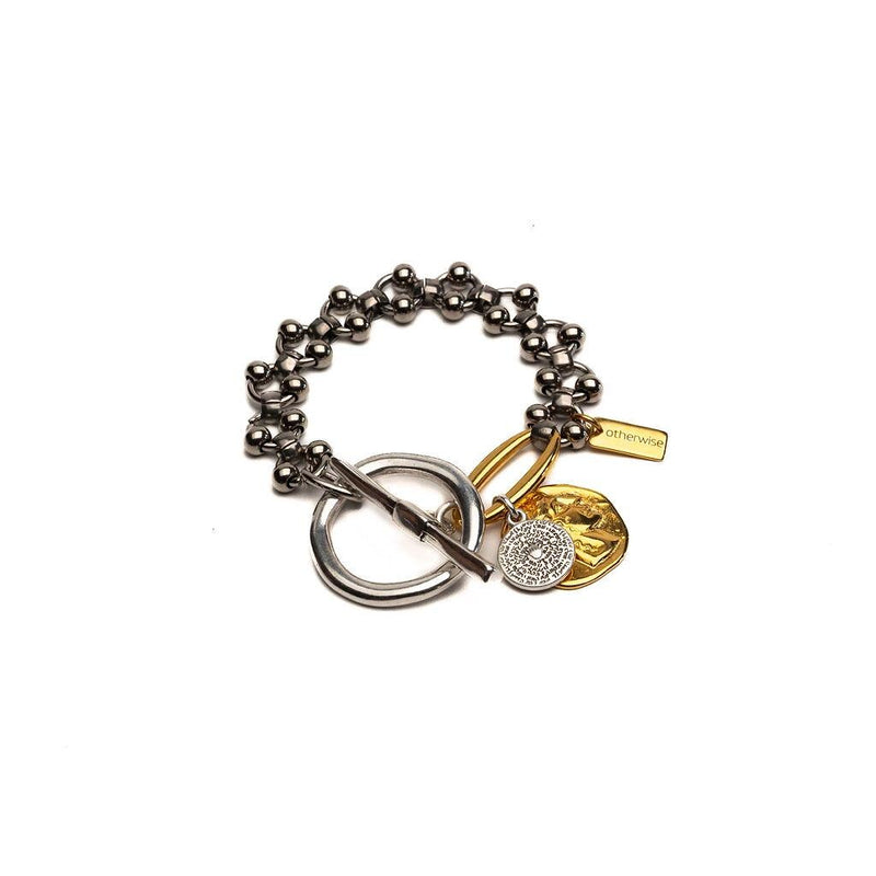 Fashionable silver and gold bracelet with hammered T-clasp intricate stainless steel chain and coins, A unique cuff and perfect gift