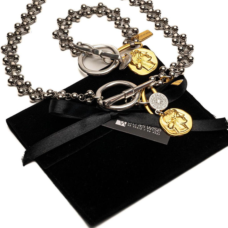 Fashionable silver and gold bracelet with hammered T-clasp intricate stainless steel chain and coins, A unique cuff and perfect gift