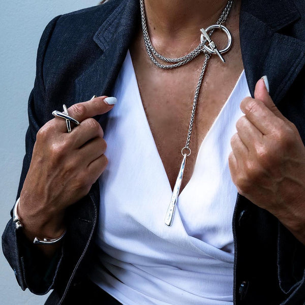 Rugged Elegance in double wrap Necklace with large hammered Toggle clasp and bar pendant. Edgy Chic style
