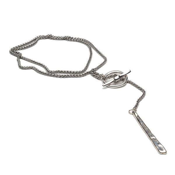 Rugged Elegance in double wrap Necklace with large hammered Toggle clasp and bar pendant. Edgy Chic style