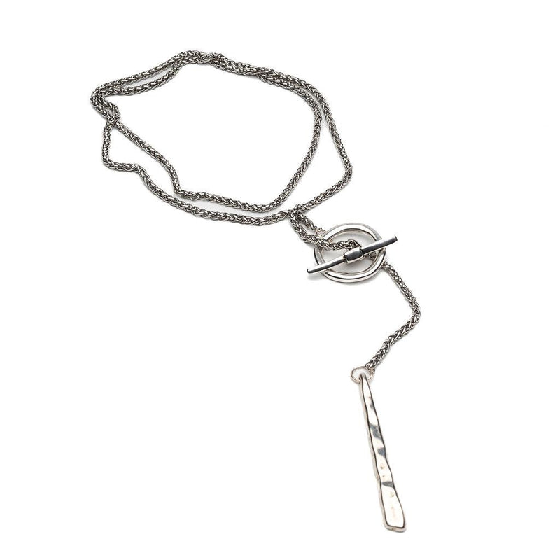 Rugged Elegance in double wrap Necklace with large hammered Toggle clasp and bar pendant. Edgy Chic style