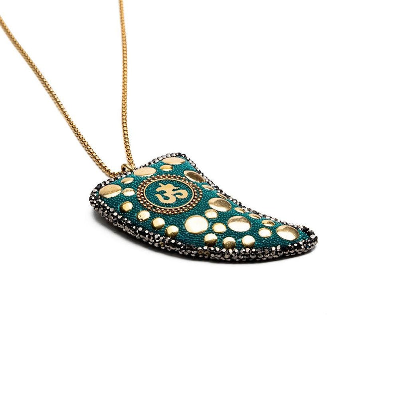 Strass horn charm necklace, Bright colored tooth pendants embellished with stones and Rhinestones, Edgy chic in Turquoise blue/Green/Gray
