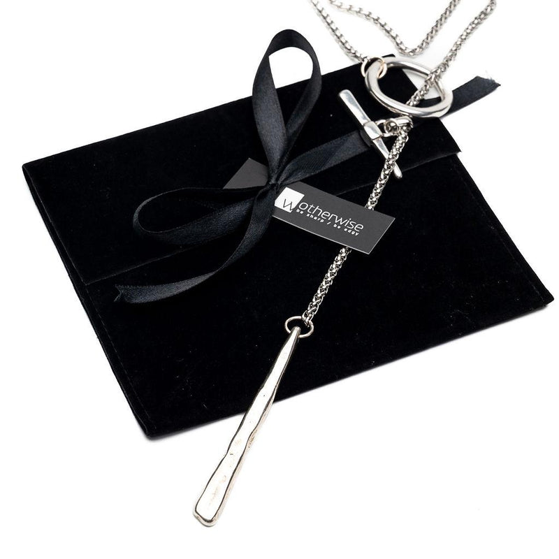 Rugged Elegance in double wrap Necklace with large hammered Toggle clasp and bar pendant. Edgy Chic style
