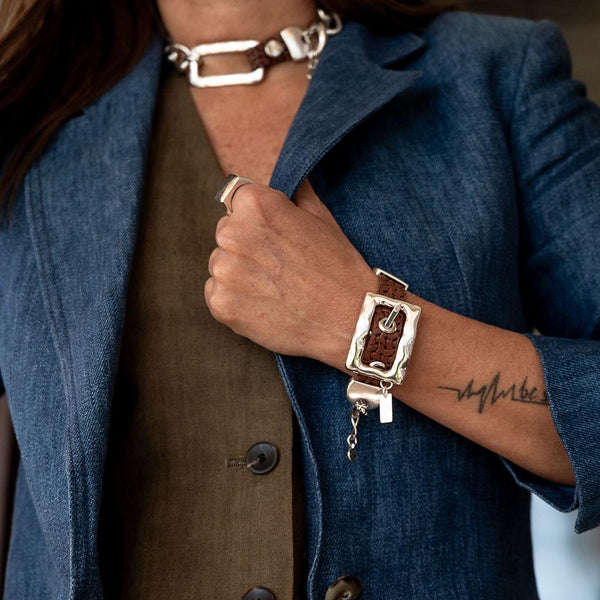 Bold belt buckle necklace and bracelet set, Chunky metal and brown leather jewelry set, Punk Buckle Choker and cuff bracelet, Unique jewelry