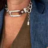 Bold belt buckle necklace and bracelet set, Chunky metal and brown leather jewelry, Unique Punk Buckle Choker and cuff