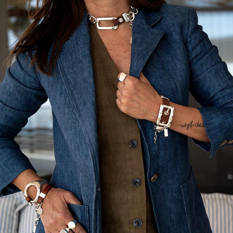 Bold belt buckle necklace and bracelet set, Chunky metal and brown leather jewelry set, Punk Buckle Choker and cuff bracelet, Unique jewelry