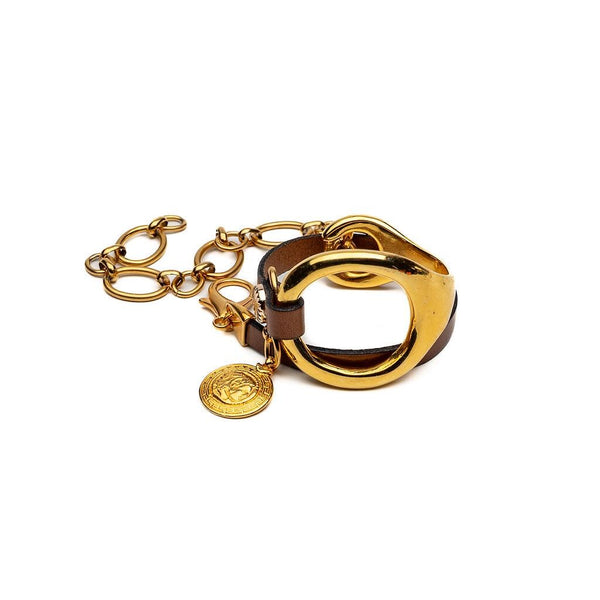 Gold triple wrap bracelet with beige leather in Unode50 style, Metal and leather cuff with stainless steel chain for a Sharp and Chic look