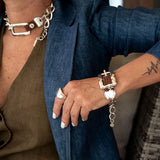 Bold belt buckle necklace and bracelet set, Chunky metal and brown leather jewelry, Unique Punk Buckle Choker and cuff