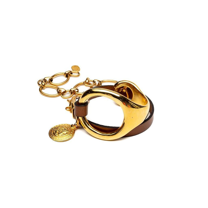 Gold triple wrap bracelet with beige leather in Unode50 style, Metal and leather cuff with stainless steel chain for a Sharp and Chic look